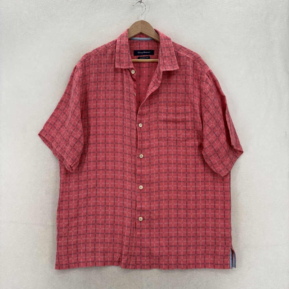 Tommy Bahama Shirt Mens L Pink Check Short Sleeve Silk Blend Original Fit Camp